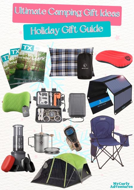 If you know someone who is happiest under the stars, these camping gifts are sure to light up their Christmas! - Texas Travel Guide, camping pillow, compressible inflatable pillow,washable travel air pillows, outdoor survival kit, portable solar panel, portable coffee maker, camp cooking pot, portable mosquito repeller, collapsible chair, waterproof tent

Ultimate Camping Gift Ideas for the Outdoor Enthusiast this Christmas, gifts for campers, gifts for him, gifts for her, white elephant gifts, secret santa, yankee swap, exchange gift ideas, holiday gift, thanksgiving gift, Christmas gift, birthday gift, personalized gift, Valentines gift, Walmart, Etsy, Amazon, gift ideas, surprise gift, seasonal gift, gift shopping, holiday shopping, Christmas shopping

#LTKHoliday #LTKGiftGuide #LTKfindsunder50 #LTKfindsunder100 #LTKsalealert #LTKfamily #LTKparties #LTKSeasonal #LTKstyletip #LTKtravel #LTKitbag