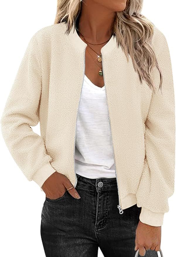 Zeagoo Women's Sherpa Fleece Jacket Long Sleeve Faux Fuzzy Casual Zip Up Bomber Coat With Pocket | Amazon (US)