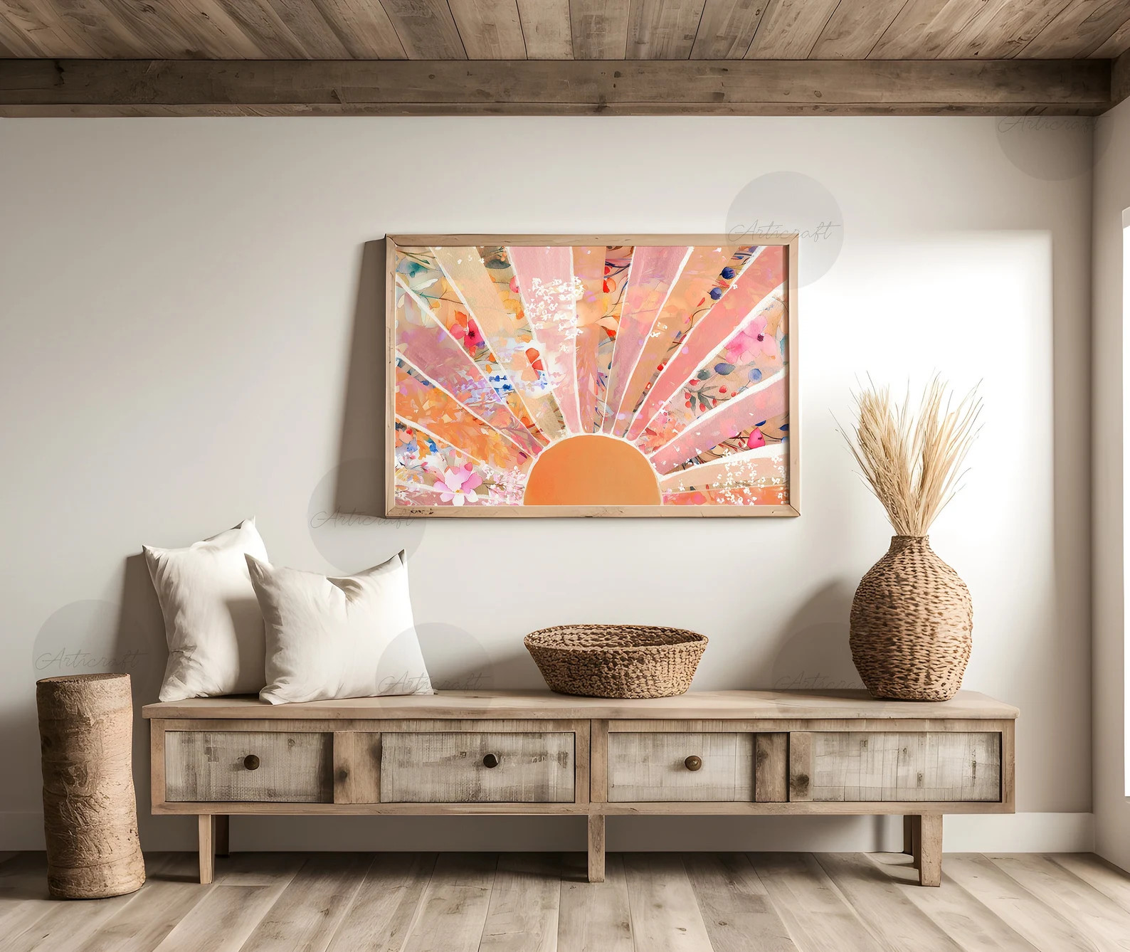 Horizontal Boho Sun Print, Boho Orange & Blush Sun, Watercolor Printable Floral Sun, Abstract Sun... | Etsy (US)