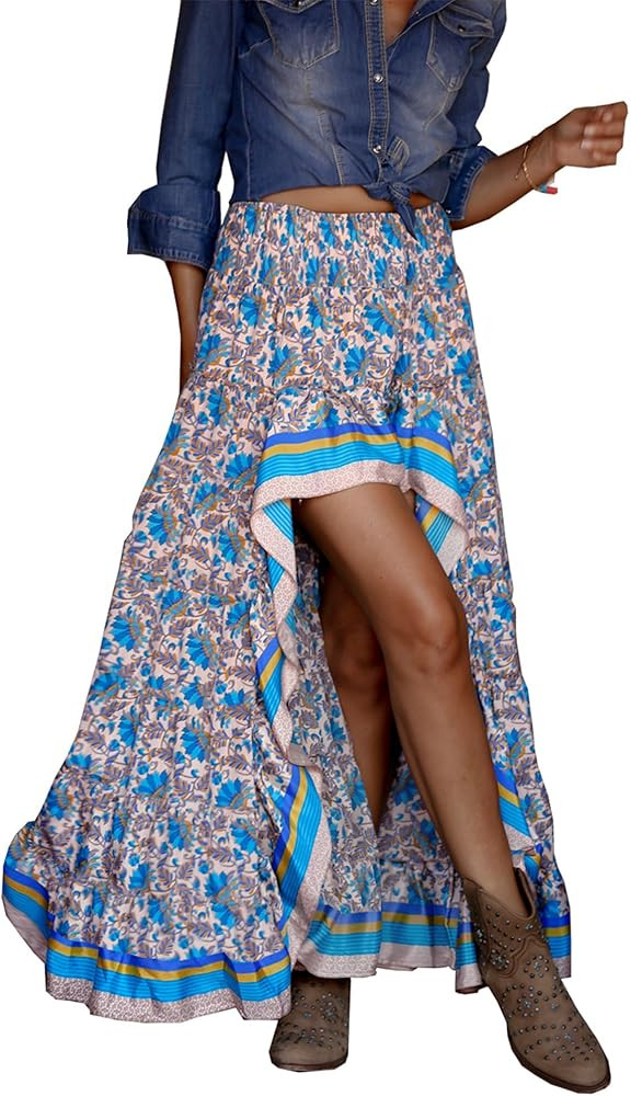 BTFBM Women 2026 Spring Summer Long Skirts Dress Boho Floral Elastic Waist Split Ruffle High Low ... | Amazon (US)