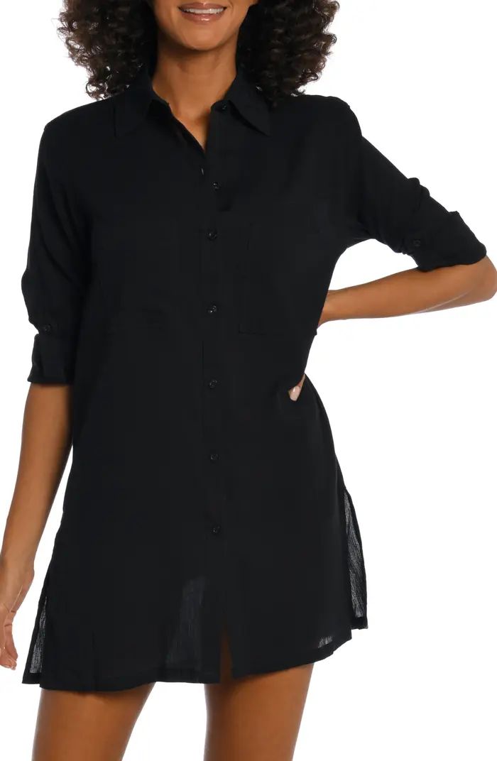 Island Fare Resort Long Sleeve Crinkled Cover-Up Shirtdress | Nordstrom