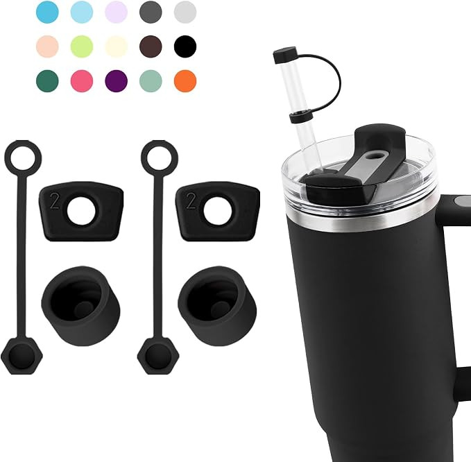 Silicone Spill Stopper Set for Stanley Cup 2.0 30oz & 40oz with Straw Cover (Set of 2, Black) | Amazon (US)
