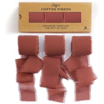 Chiffon Ribbon Fringe Gift Ribbon 3 Rolls 1.5" Wide x 7 Yd Rust Red Ribbons Set for Wedding Decor... | Amazon (US)