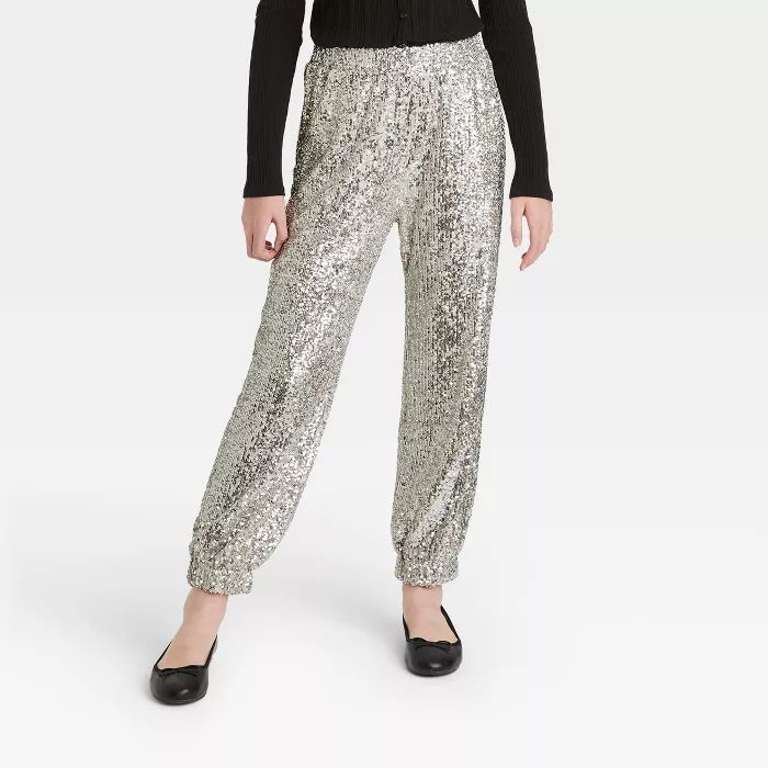 Girls' Sequin Jogger Pants - art class™ Silver | Target