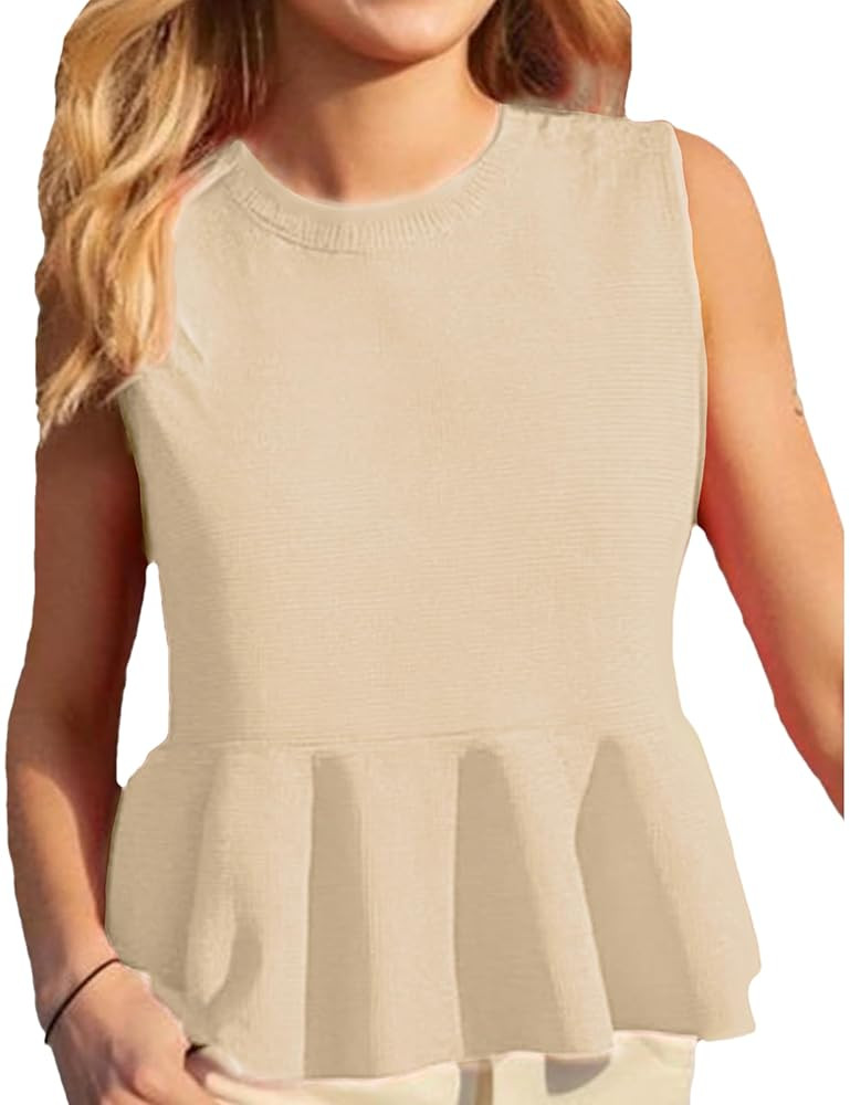Sweater Vest Women Ruffle Hem Sleeveless Casual Pull-on Crewneck Trendy Crochet Pullover Knit Tan... | Amazon (US)