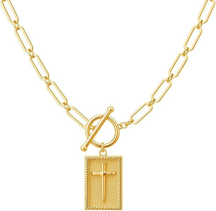 HETICA Chunky Cross Necklace Gold-Plated Toggle Clasp Rectangle Cross Charm Paperclip Chain Neckl... | Amazon (US)