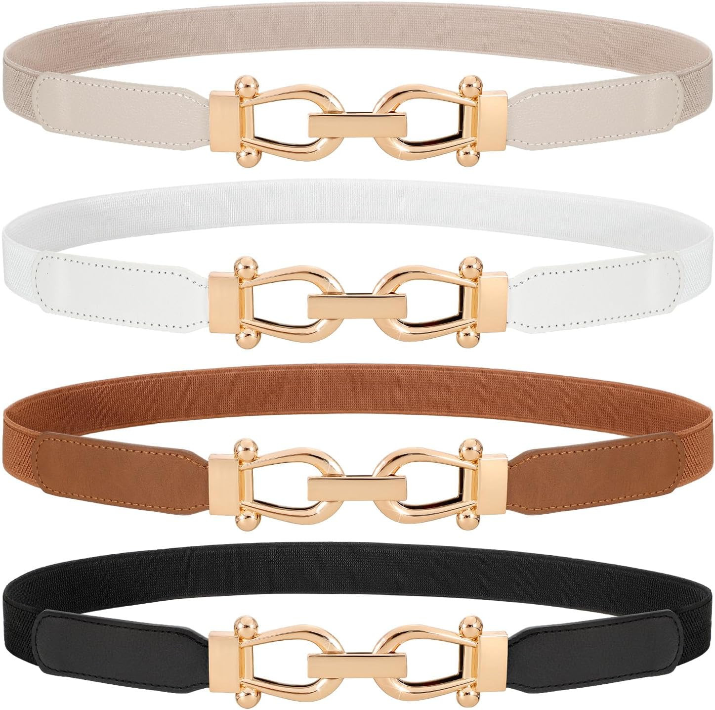 WERFORU 4 Pack Women Skinny Elastic Waist Belt Gold Buckle Stretchy Thin Belt for Jeans Dress | Amazon (US)