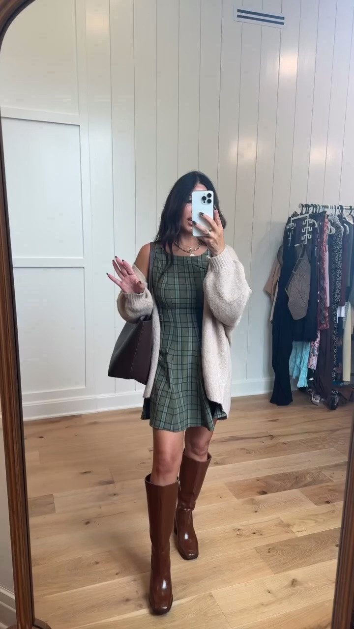 Could this outfit be any more perfect for fall?! This green plaid dress is adorable on its own, but I love it even more layered with a cozy neutral cardigan and tall brown boots. Perfect for fall family pictures, pumpkin patches, or weekend plans.

#PlaidDress #FallFamilyPhotos #PumpkinPatchOutfit #WalmartFashion #LTKFall #FallDress #TallBoots #WalmartFinds #FallOutfitIdeas