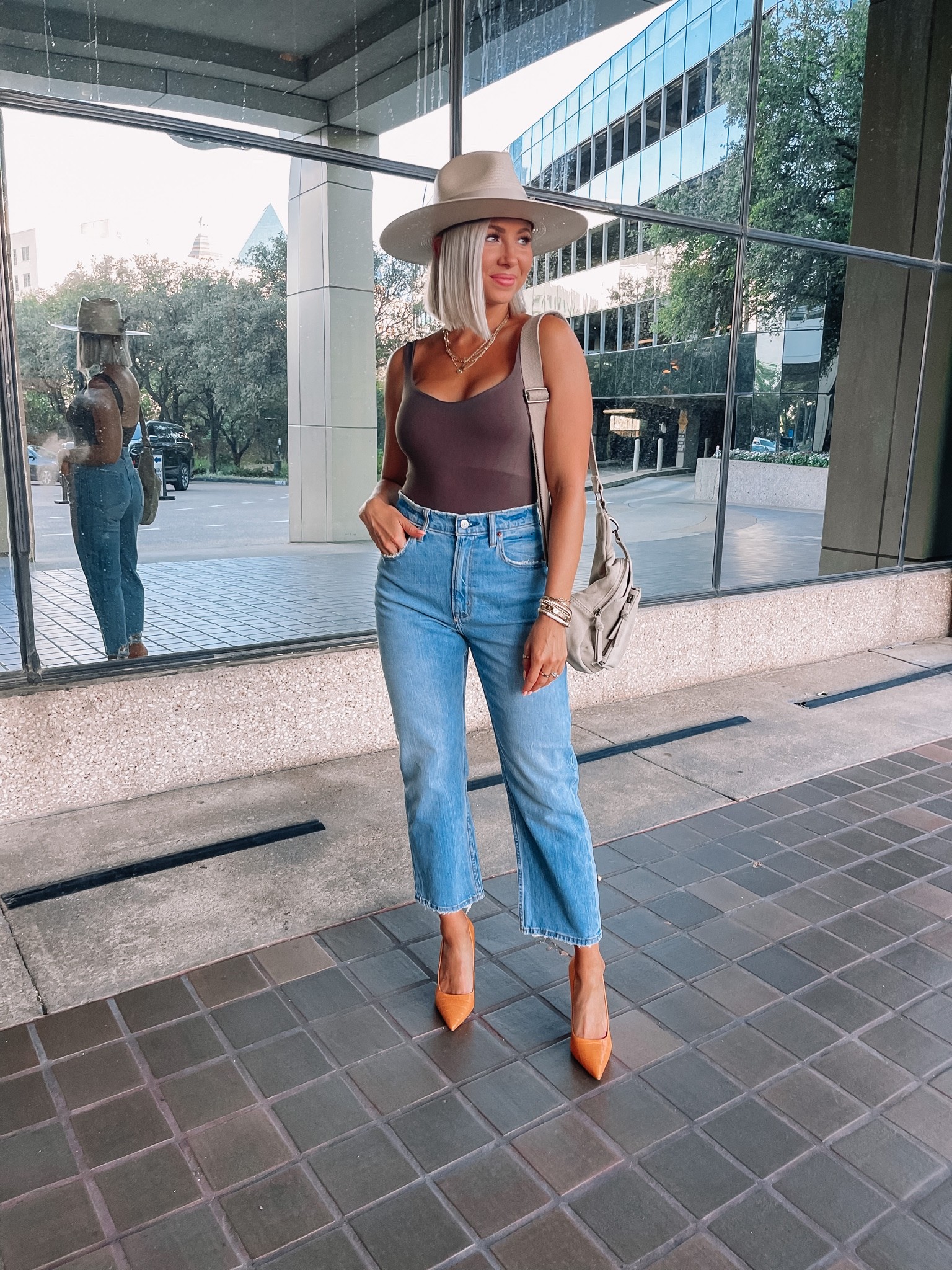 This free people bodysuit is so supportive and soft. Wearing a size xs! My jeans are a size 26 short. Both are true to size. #abercrombie #stevemadden #pumps 

#LTKSeasonal #LTKCon #LTKstyletip