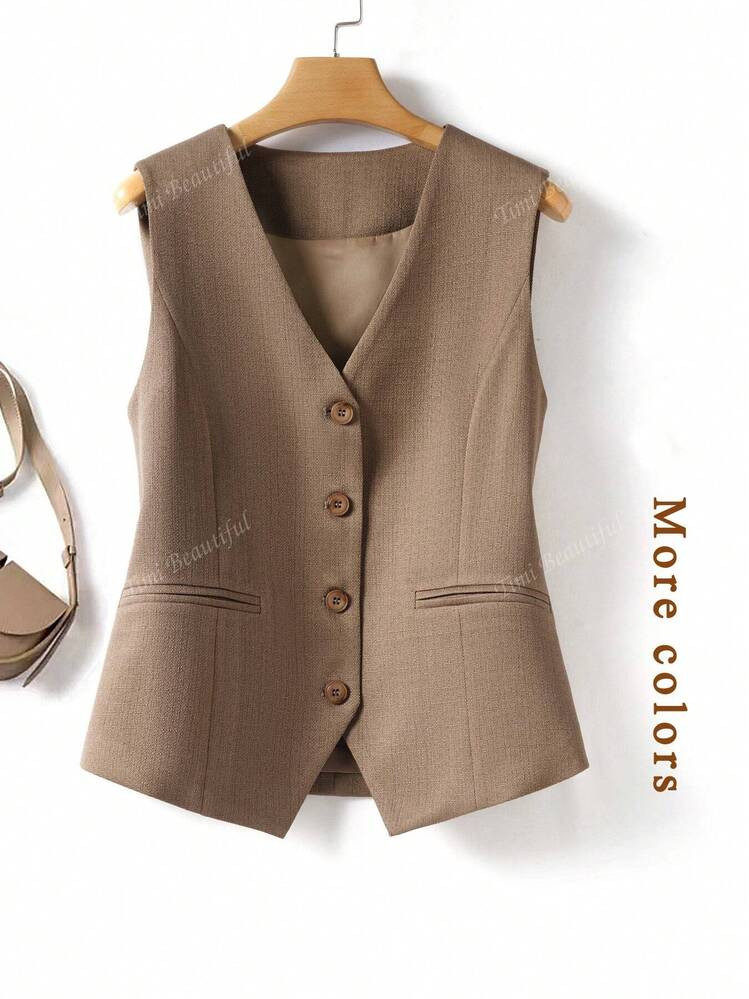 Women Plain Vest, V-Neck Jacket, Spring/Autumn, Fashion Office Wear | SHEIN