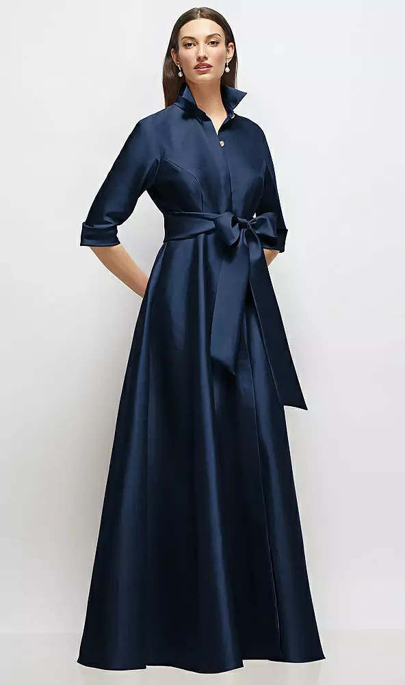 3/4 Sleeve Satin Shirt Dress Gown with Sash and Jeweled Buttons in Midnight Navy | Dessy Group