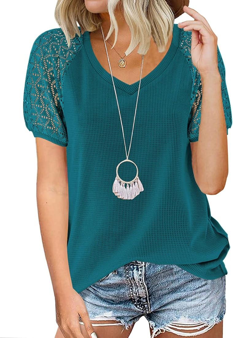 MEROKEETY Women's Summer Lace Short Sleeve V Neck Tops Shirt Loose Casual Waffle Tee Blouse | Amazon (US)
