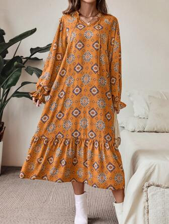 SHEIN LUNE Printed V-Neck Tie-Front Lantern Sleeve Ruffle Hem Dress, Autumn/Winter | SHEIN