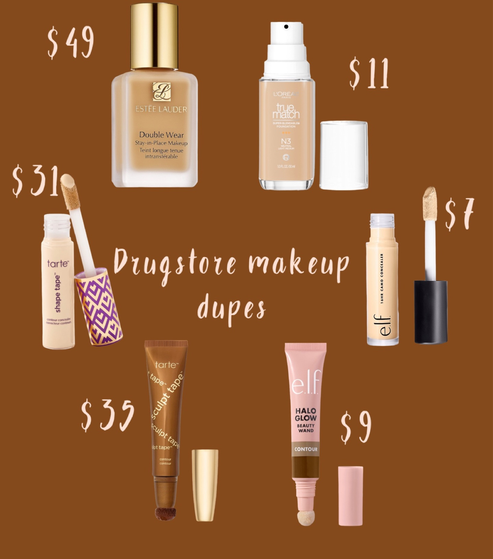 Drugstore makeup dupes, tarte shape tape dupe, Estée Lauder double wear dupe, elf halo glow bronzer contour 

#LTKFind #LTKstyletip #LTKbeauty