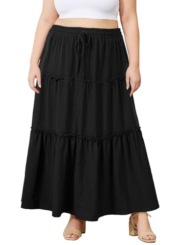 Amazon.com: Moon Wood Women's Plus Size Maxi Skirt High Waisted Pleated A Line Flowy Tiered Long ... | Amazon (US)