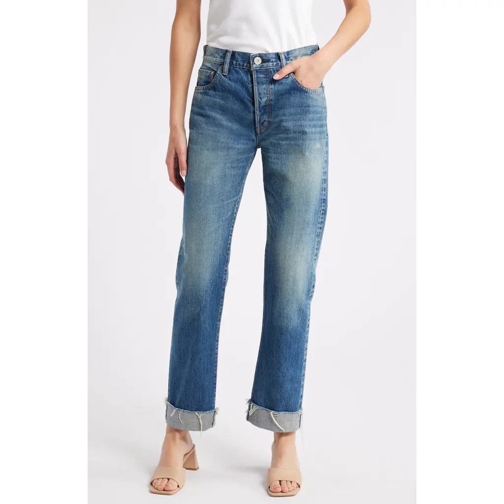 MOUSSY VINTAGE Hopewell High Waist Cuffed Raw Hem Straight Leg Jeans in Dark Blue at Nordstrom Rack, Size 28 | Nordstrom Rack