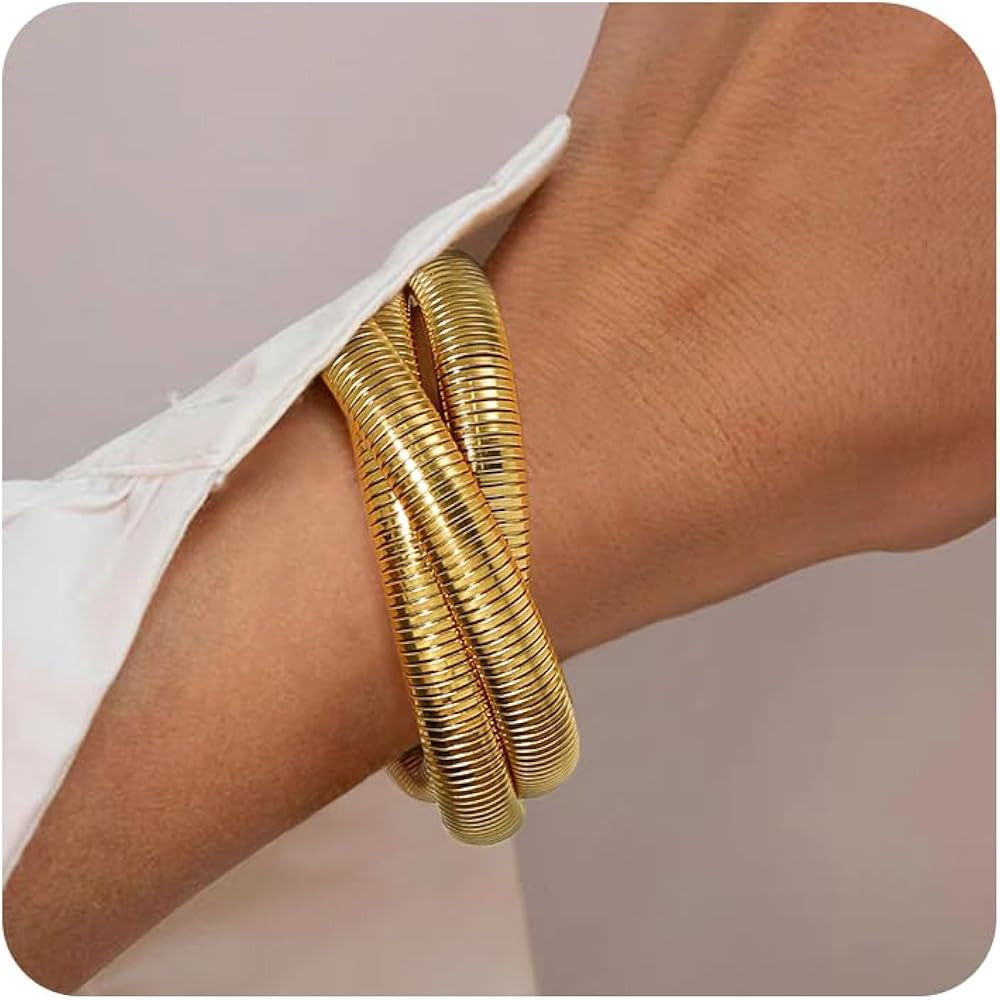 Gold Bangles for Women Chunky Stretch Bangles Bracelets Set 18K Gold Plated Stainless Steel Link ... | Amazon (US)