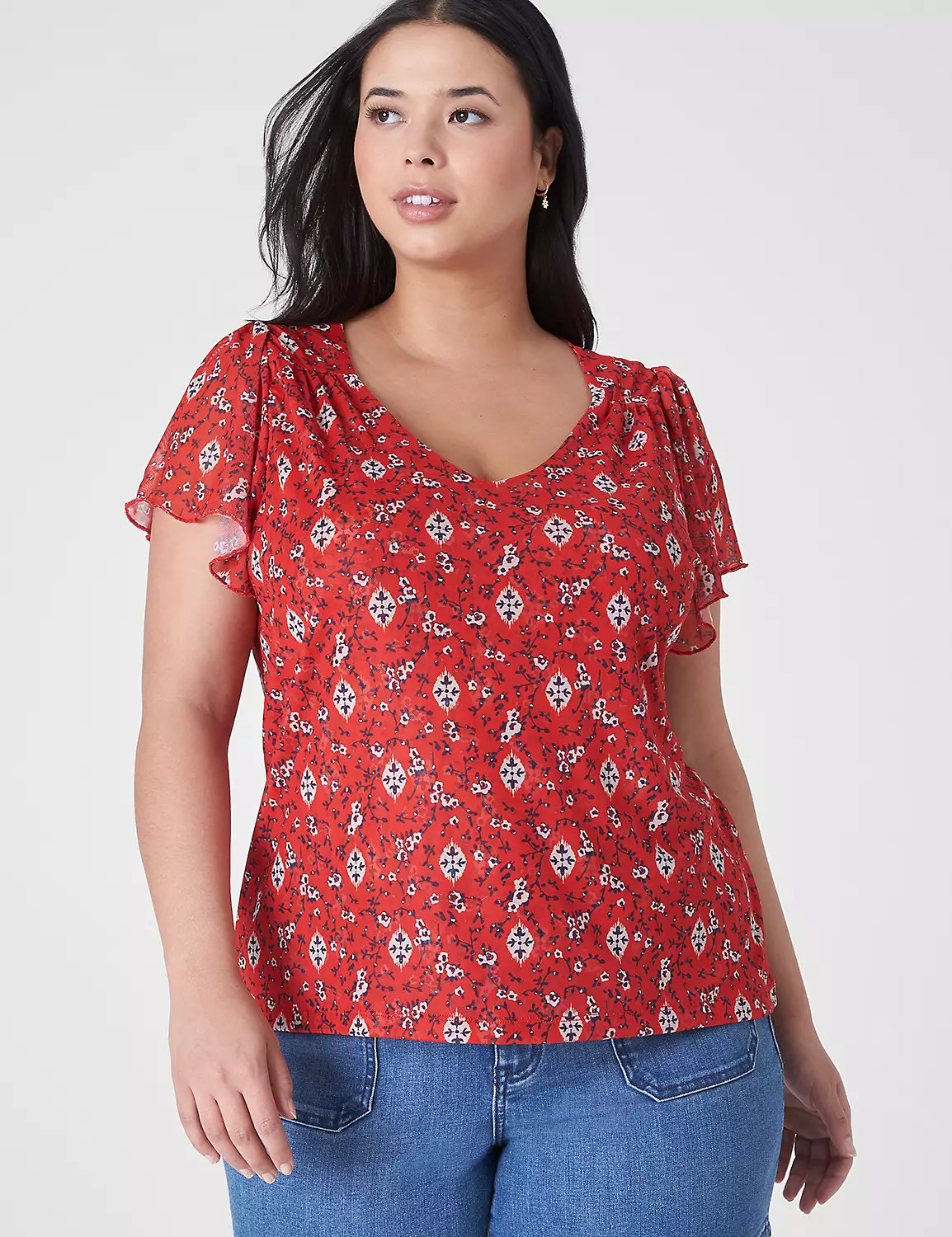 Flutter-Sleeve V-Neck Mesh Tee | LaneBryant | Lane Bryant (US)