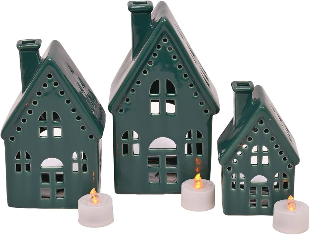 Deep Green Glazed Porcelain Holiday Tea Light Village House Figurines, Set of 3, 8 Inch | Amazon (US)