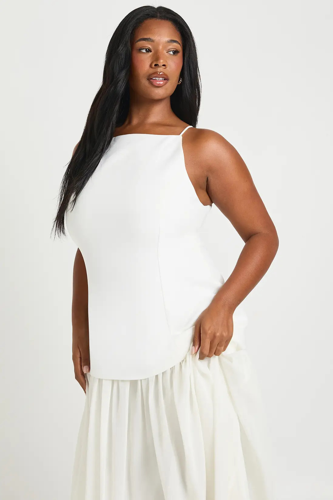 White Plus Crepe Sleeveless Dress With Chiffon Skirt | Boohoo USA | boohoo (US & Canada)