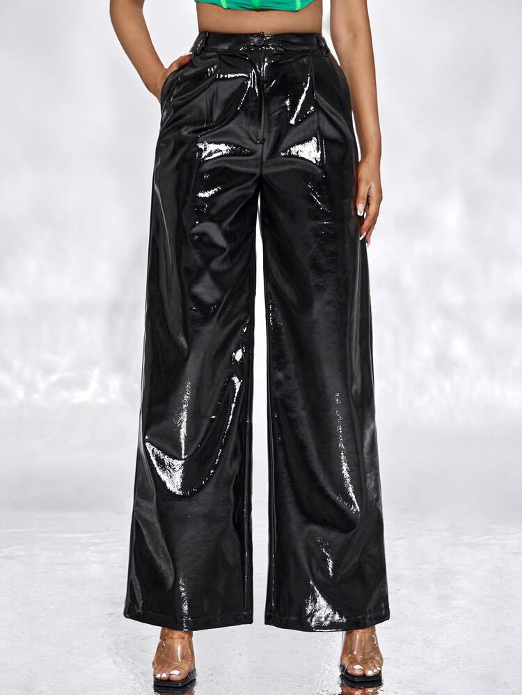 Slant Pockets PU Leather Wide Leg Pants | SHEIN