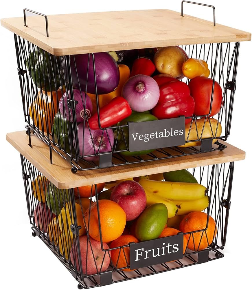2 Pack Stackable Wire Storage Baskets with Wood Lid- Kitchen Countertop Organizer for Fruit Veget... | Amazon (US)