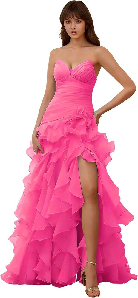 Strapless Ruffle Chiffon Evening Gown High Slit Sweetheart Neck Formal Prom Dress for Women | Amazon (US)