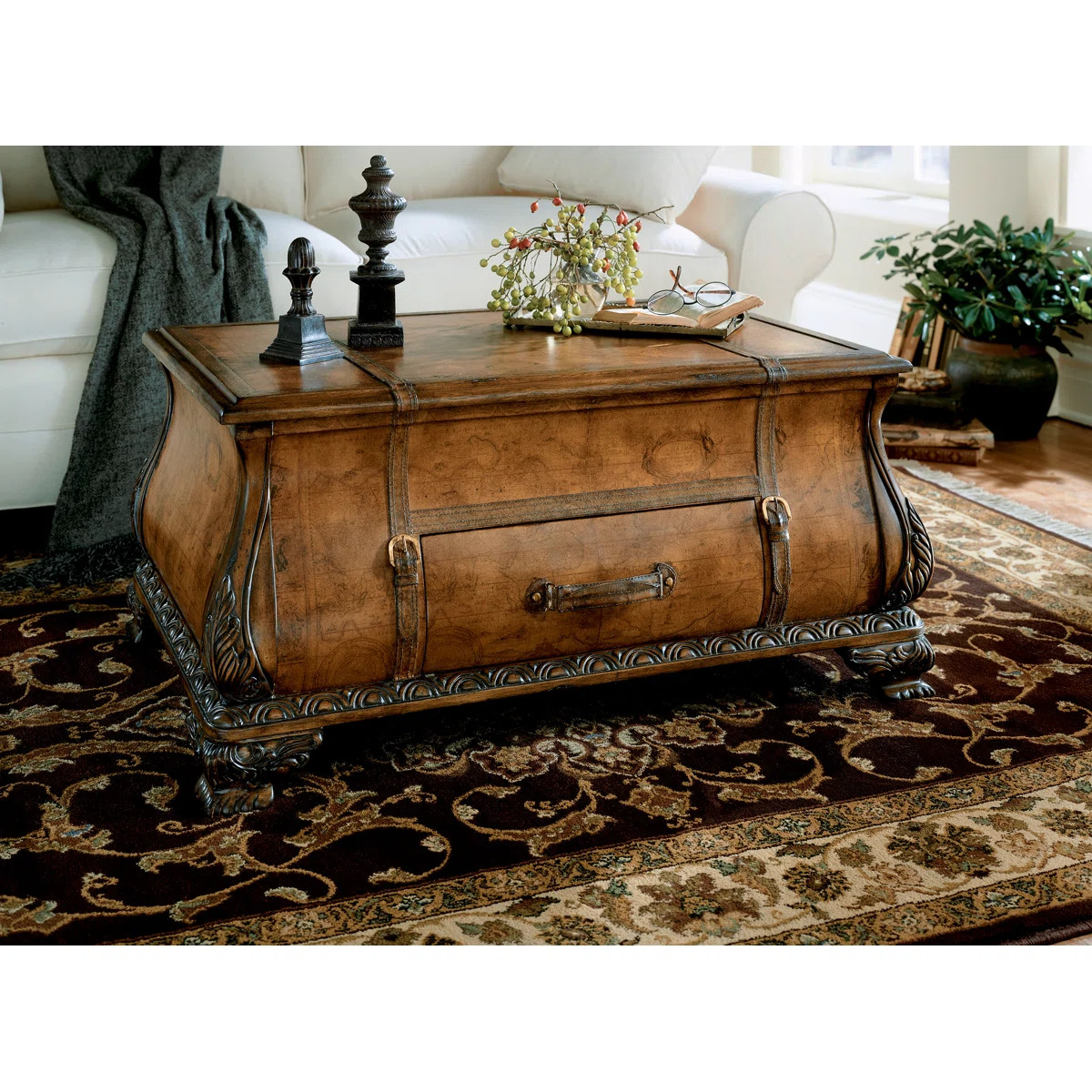 Aallyah 38 in. W Bombe 1 Drawer Old World Map Trunk Table | Wayfair North America
