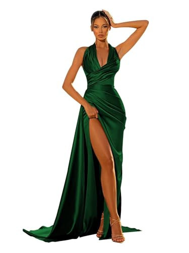 Mermaid Satin Halter Prom Dresses Long - Corset Formal Dresses Pleated Evening Party Gown with Slits Emerald Green 24W | Amazon (US)