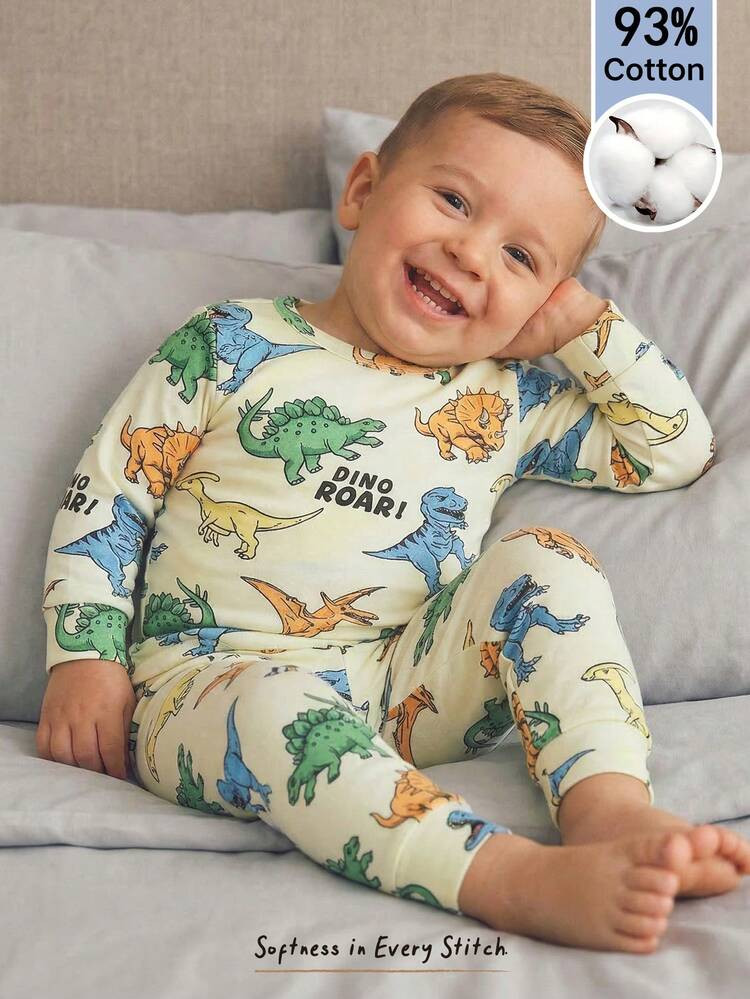 Cozy Pixies Baby Boy Cute Dinosaur Cartoon Print Pale Yellow Pajama Set,Winter Soft Knit Crew Nec... | SHEIN