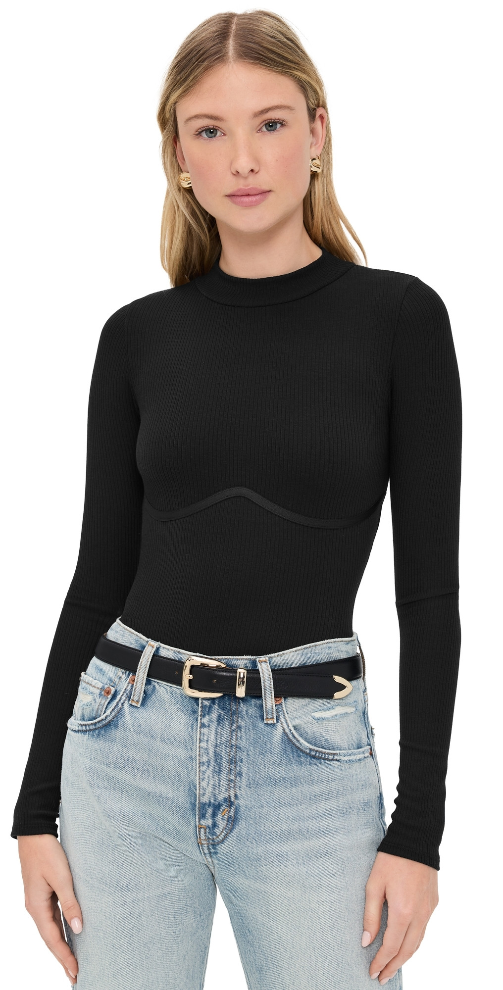 Fleur du Mal Hourglass Rib Mock Neck Thong Bodysuit Black L | Shopbop