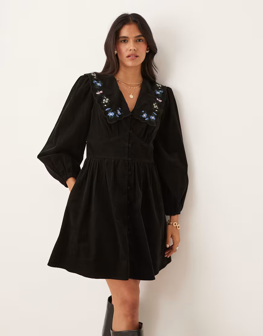 Nobody's Child Birdie mini dress with embroidered collar in black | ASOS (Global)