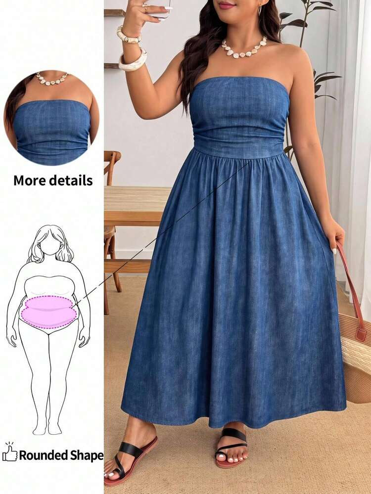 Enliva Plus Size Women's Navy Blue Strapless Smocked Midi Dress Flowy A-Line Skirt With Ruched Tu... | SHEIN