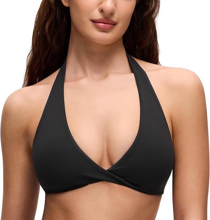 CRZ YOGA Butterluxe Double Lined Twist Halter Sports Bras for Women - Deep V Neck Crop Top Casual... | Amazon (US)