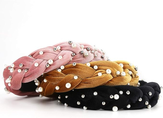 Makone Braid Pearl Velvet Headbands for Womens Pearl Padded Headband Vintage Braid Hairband with ... | Amazon (CA)
