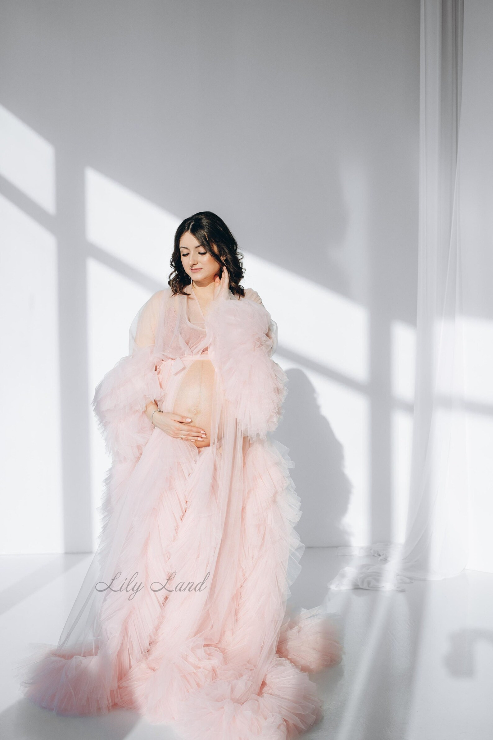 Pink Maternity Dress for Photo Shoot, Baby Shower Robe, Maxi Transparent Boudoir With Train, Ruff... | Etsy (US)