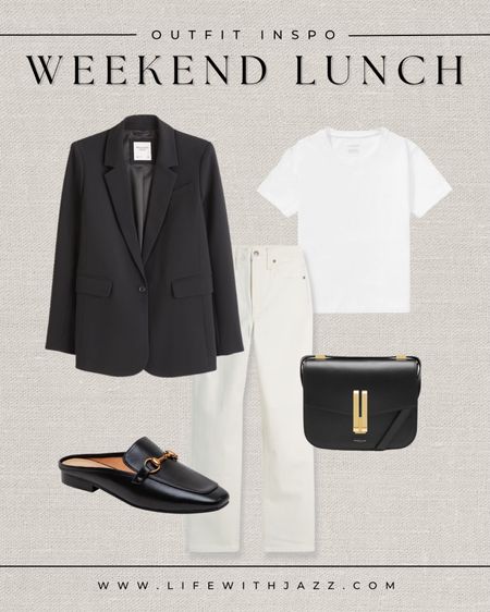 Weekend brunch/lunch outfit 

- casual, blazer, tee, jeans, purse, loafers 

#LTKstyletip