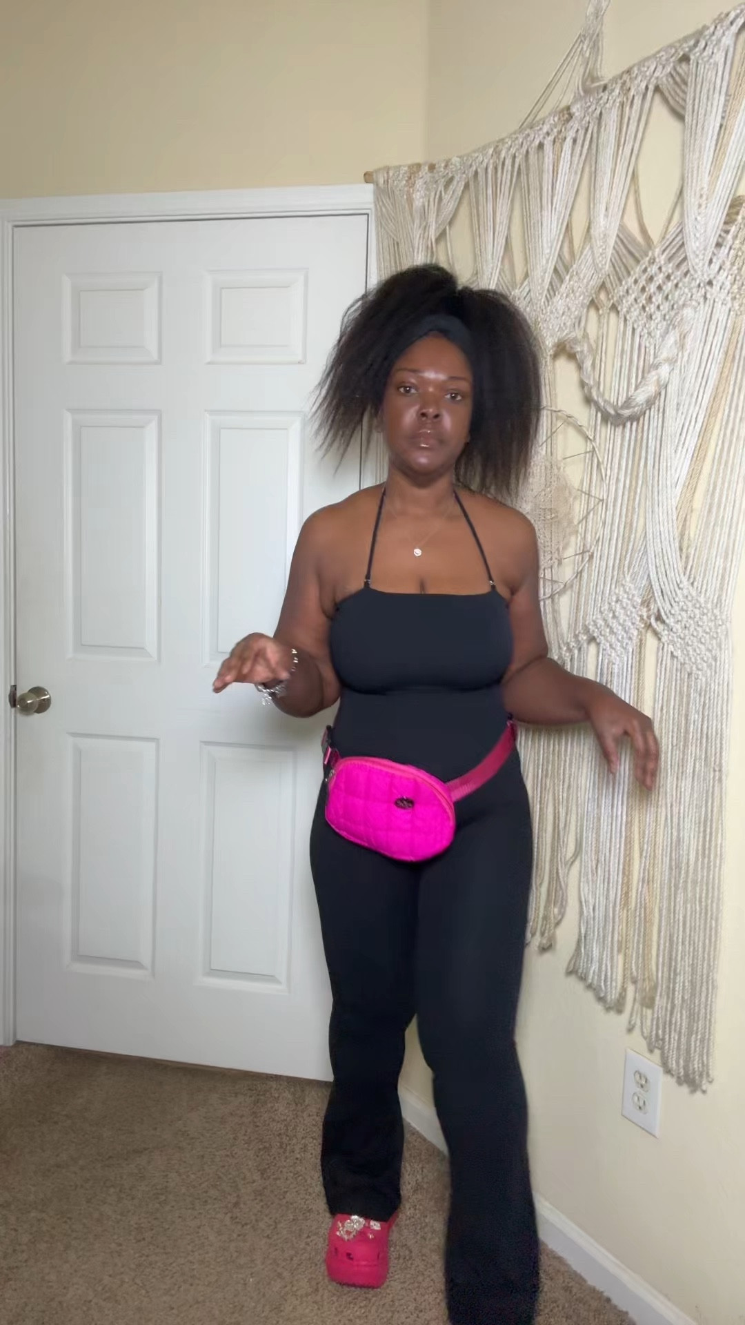 When I say make sure you keep some basics in your wardrobe, I’m talking about a jumpsuit like this…slight flare, tummy tucking too ..get true to size 
🖤Body snatching jumpsuit 
🩷Bae crocs 
🩷Puffer Fanny pack 
Where we going? 
#everydayoutfit #jumpsuit #ootd

#LTKActive #LTKootd