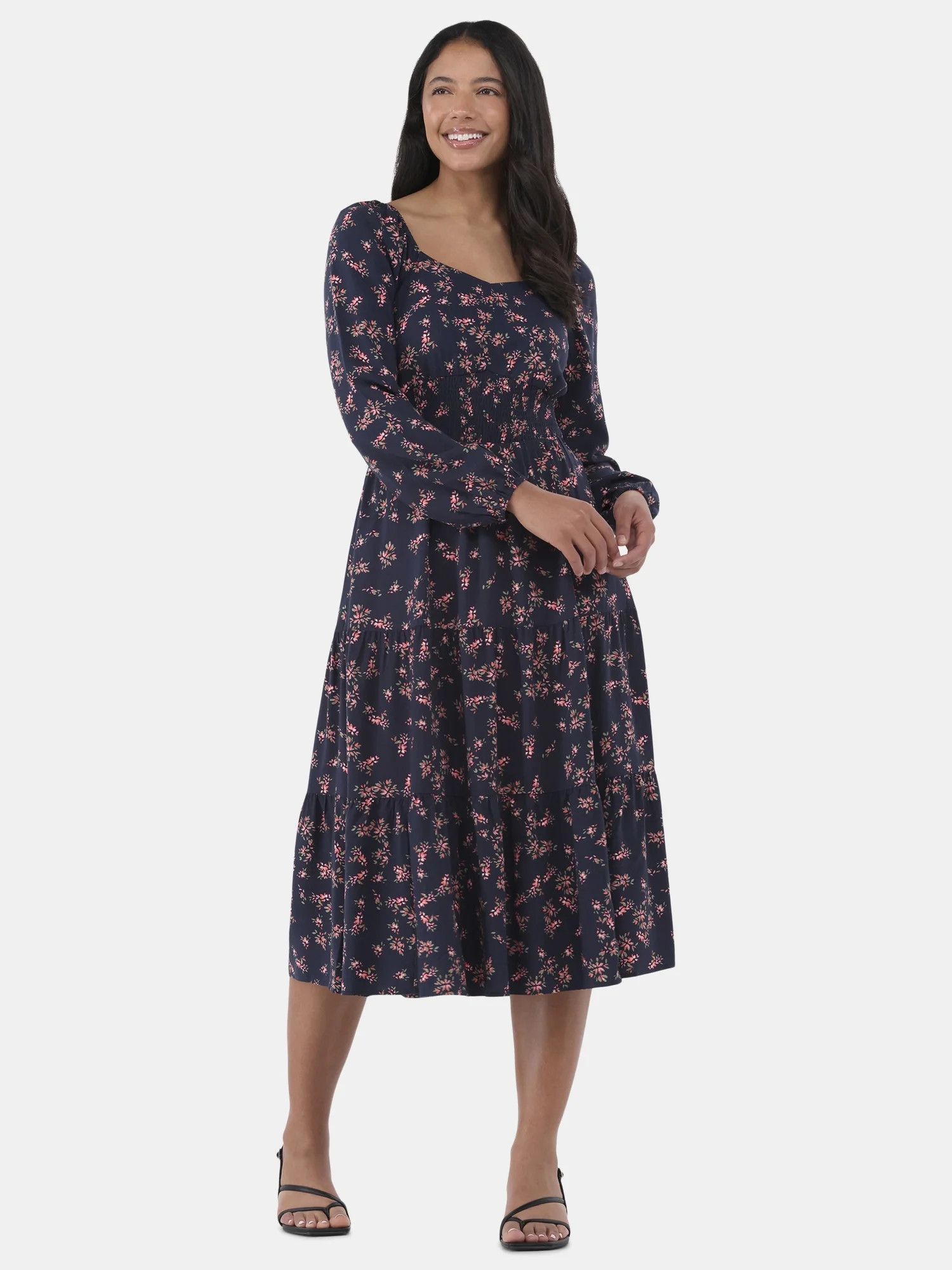 Time and Tru Women's Sweetheart Midi Dress with Long Sleeves, Sizes XS-XXXL | Walmart (US)