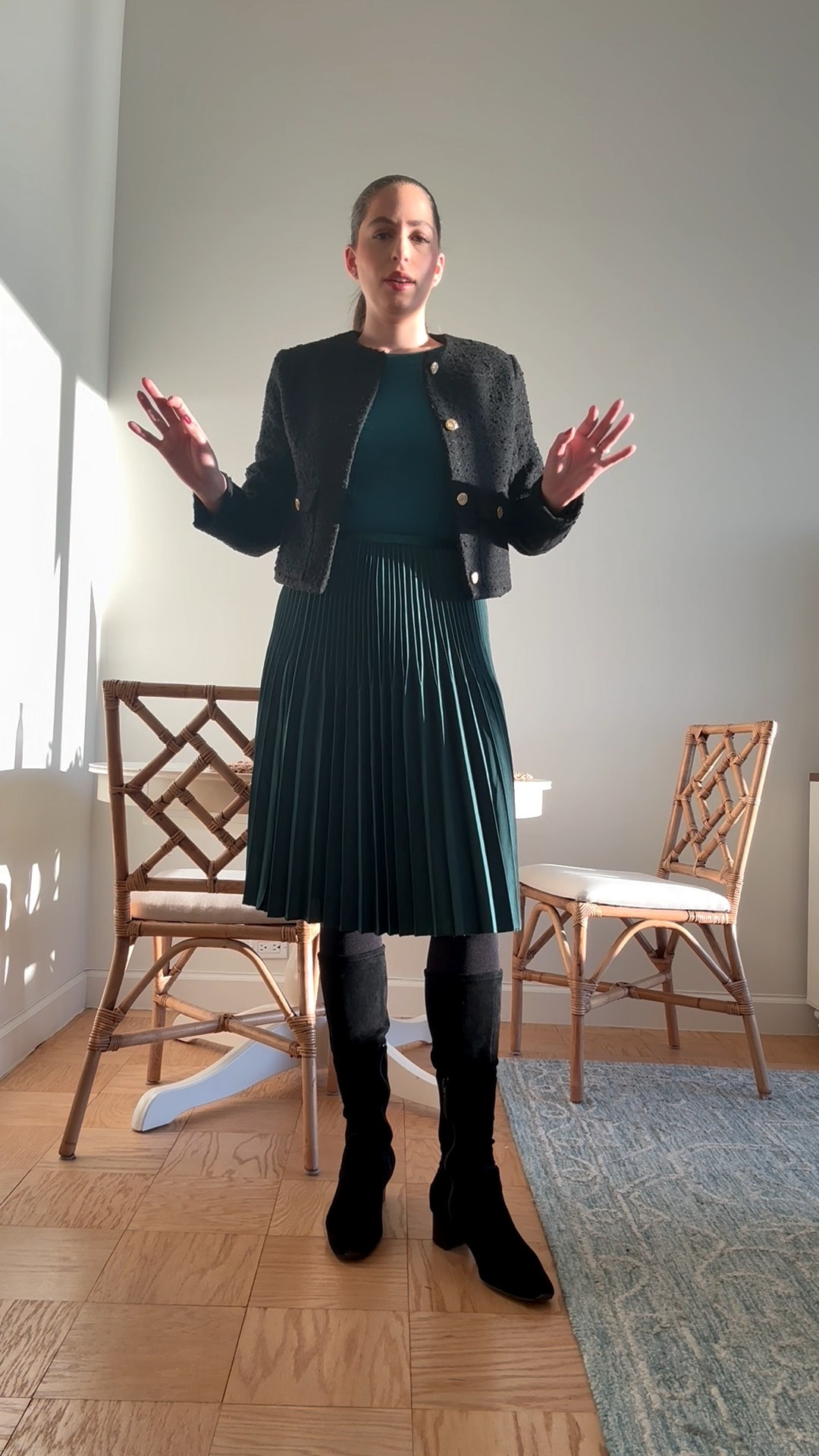 Office style, office outfit, business casual, green on green, monochromatic outfit, workwear, winter workwear, winter office style, winter corporate style, tall black suede boots, pleated skirt, black tweed jacket, black boucle jacket, green cashmere sweater, corporate outfit 

#LTKWorkwear #LTKSeasonal #LTKootd