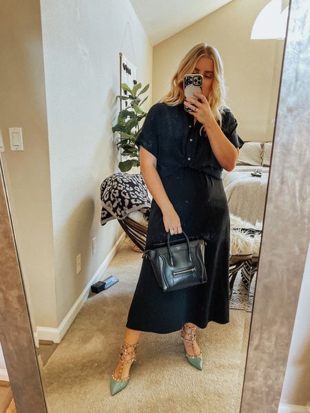 Maternity but make it an all black evening outfit ✨ silk dress, Valentino rockstud, Celine nano luggage, silk shirt 

#LTKstyletip #LTKwedding #LTKbump