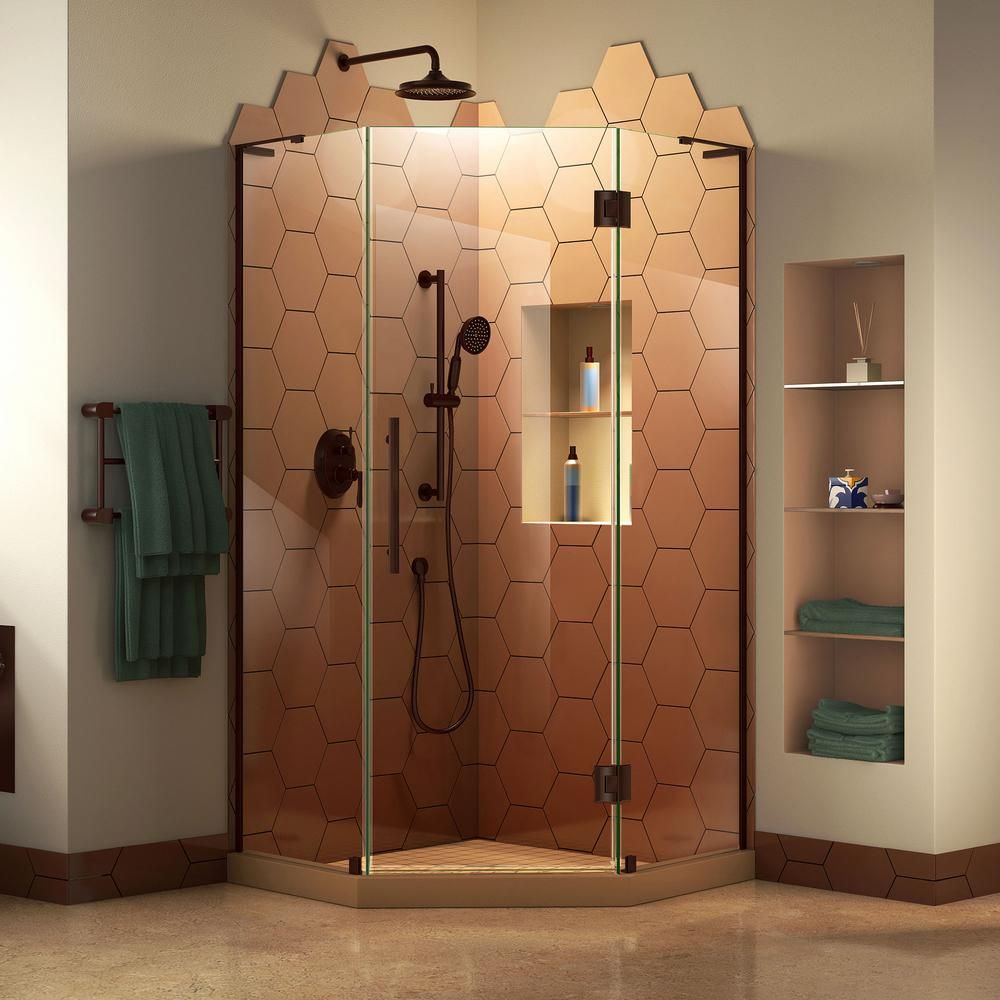 Prism Plus 34 in. W x 34 in. D x 72 in. H Semi-Frameless Neo-Angle Hinged Shower Enclosure in Oil... | The Home Depot