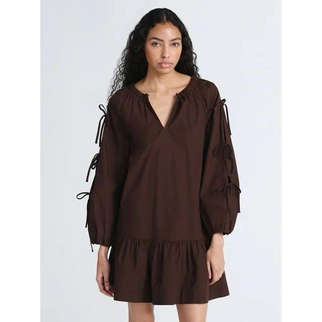 Free Assembly Women's Ruffle Hem Cotton Mini Dress with Long Tie Sleeves, Sizes XS-XXL | Walmart (US)