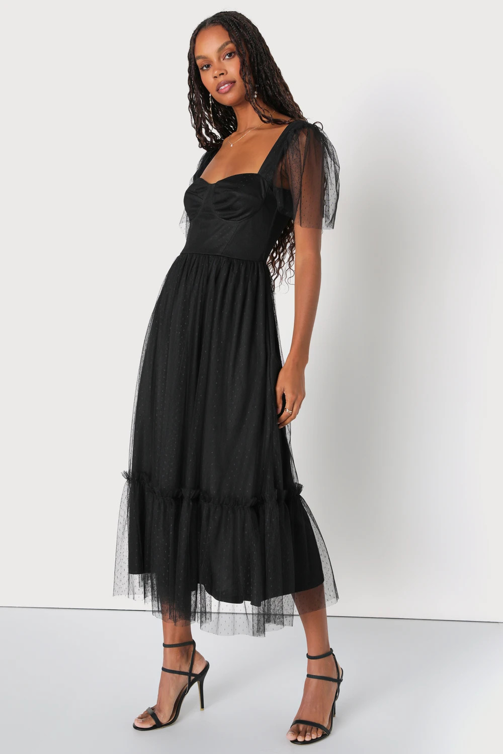 Dreamy Celebration Black Tulle Bustier Swiss Dot Midi Dress | Lulus (US)