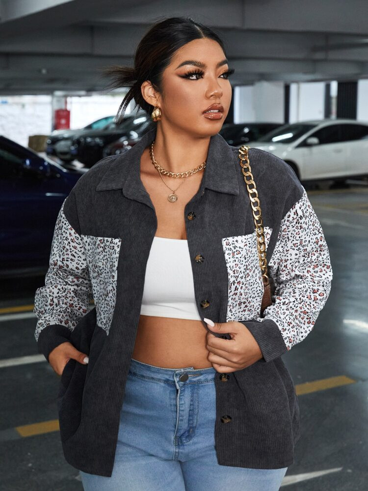 Plus Leopard Drop Shoulder Button Front Corduroy Jacket | SHEIN