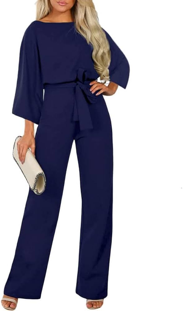 Dokotoo Jumpsuits for Women Casual Loose Batwing Sleeve Dressy Crewneck Rompers Long Pants Belted... | Amazon (US)