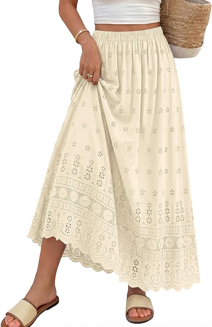 dowerme Women Summer Maxi Skirt Cute Elastic High Waist Boho Eyelet A-Line Cotton Flwoy Long Skir... | Amazon (US)