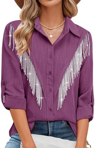 MYMORE Womens Sparkly Fringe Button Down Shirt Rolled 3/4 Sleeve Top Country Concert Nashville We... | Amazon (US)