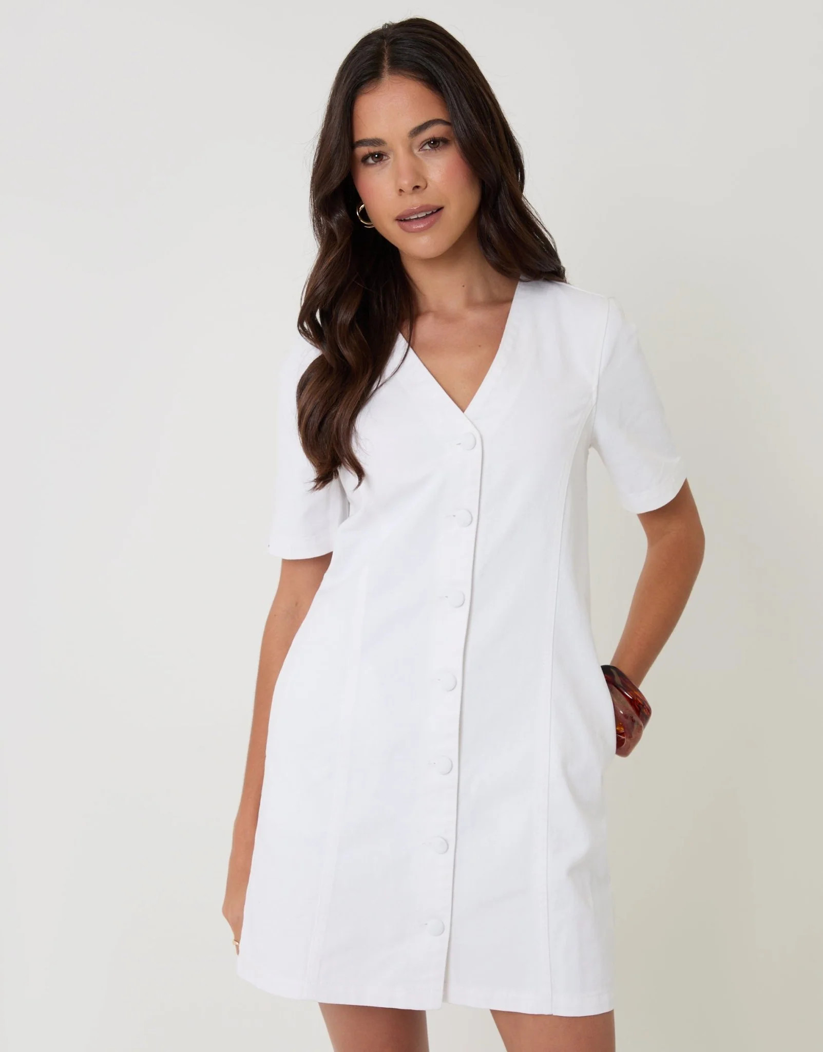 Denim Button Up Mini Dress in White | Threadbare UK