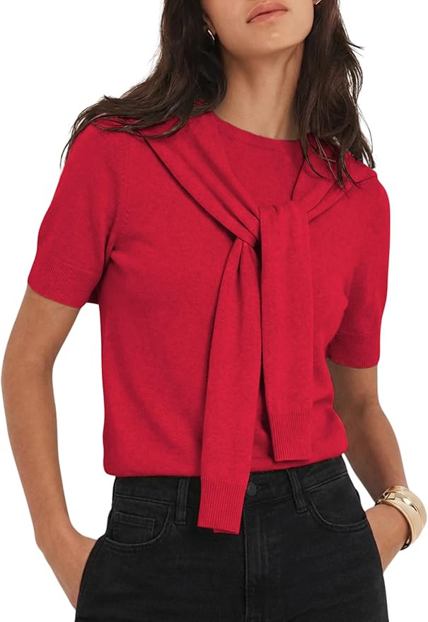 EsheSy Women's Shawl Knit Top Crewneck Short Sleeves Cropped Pullover Trendy Casual Easy to Match... | Amazon (US)